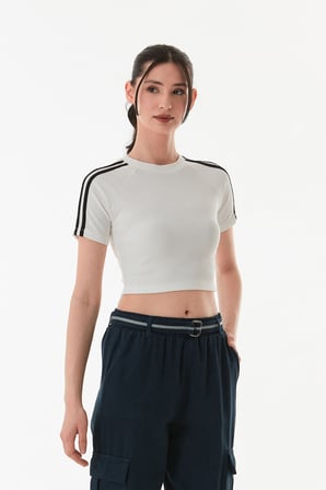 Fitilli Kolları Şeritli Crop Tişört