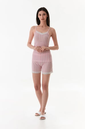 Kalın Çizgili Dantelli Şortlu Pijama Takımı