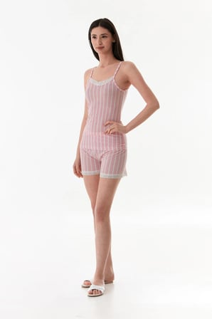 Kalın Çizgili Dantelli Şortlu Pijama Takımı