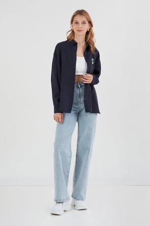 Ayıcık Nakışlı Uzun Kollu Oversize Modal Gömlek