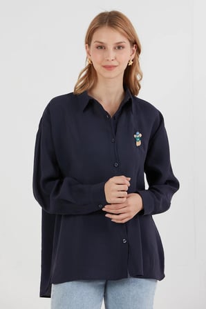 Ayıcık Nakışlı Uzun Kollu Oversize Modal Gömlek