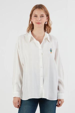 Ayıcık Nakışlı Uzun Kollu Oversize Modal Gömlek