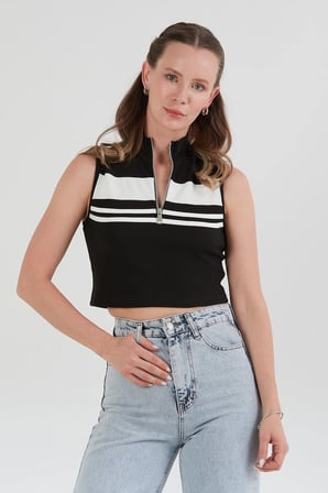 Çizgili Önü Fermuarlı Kolsuz Crop Bluz