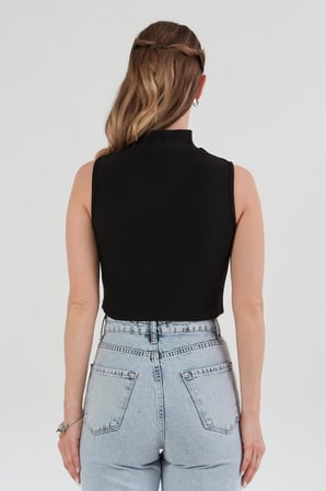 Çizgili Önü Fermuarlı Kolsuz Crop Bluz