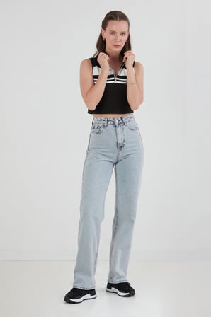Çizgili Önü Fermuarlı Kolsuz Crop Bluz