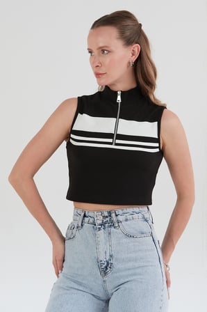 Çizgili Önü Fermuarlı Kolsuz Crop Bluz