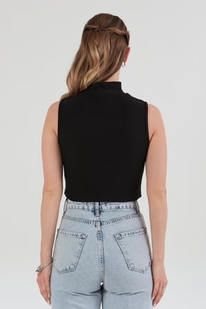 Çizgili Önü Fermuarlı Kolsuz Crop Bluz