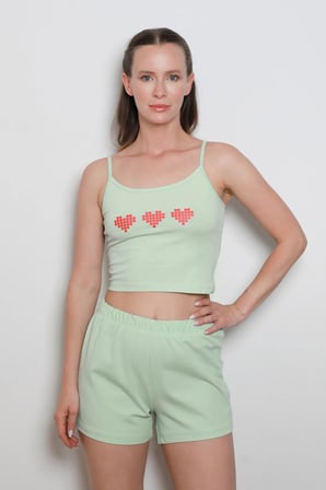 Kalp Baskılı Askılı Şortlu Pijama Takımı