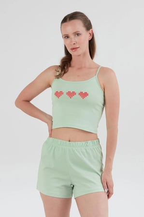 Kalp Baskılı Askılı Şortlu Pijama Takımı