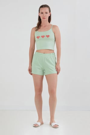Kalp Baskılı Askılı Şortlu Pijama Takımı