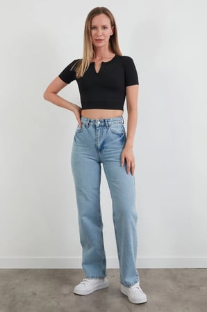 Basic Yarım Fermuarlı Dalgıç Kumaş Crop Tişört