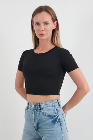 Basic Yarım Fermuarlı Dalgıç Kumaş Crop Tişört