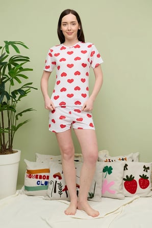 Kalp Baskılı Bisiklet Yaka Şortlu Pijama Takımı