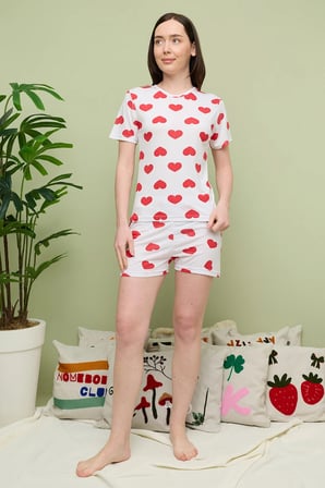 Kalp Baskılı Bisiklet Yaka Şortlu Pijama Takımı