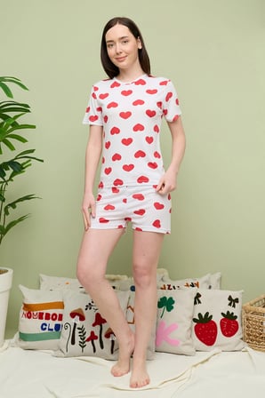 Kalp Baskılı Bisiklet Yaka Şortlu Pijama Takımı