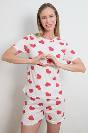 Kalp Baskılı Bisiklet Yaka Şortlu Pijama Takımı
