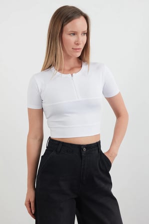 Basic Yarım Fermuarlı Dalgıç Kumaş Crop Tişört