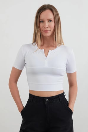 Basic Yarım Fermuarlı Dalgıç Kumaş Crop Tişört