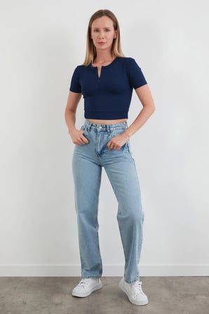 Basic Yarım Fermuarlı Dalgıç Kumaş Crop Tişört