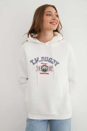 3 İplik Rugby Nakışlı Kapüşonlu Sweatshirt