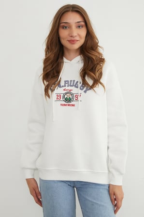 3 İplik Rugby Nakışlı Kapüşonlu Sweatshirt