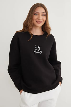 3 İplik Ayıcık Baskılı Bisiklet Yaka Sweatshirt