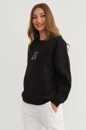 3 İplik Ayıcık Baskılı Bisiklet Yaka Sweatshirt