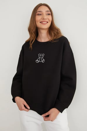3 İplik Ayıcık Baskılı Bisiklet Yaka Sweatshirt