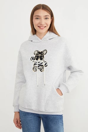 3 İplik Ayıcık Nakışlı Cepli Kapüşonlu Oversize Sweatshirt