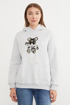 3 İplik Ayıcık Nakışlı Cepli Kapüşonlu Oversize Sweatshirt