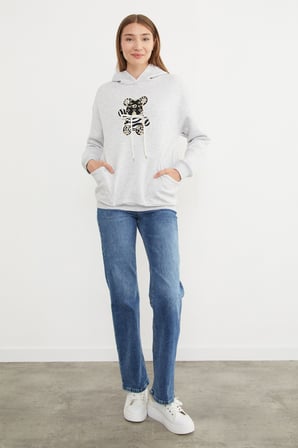 3 İplik Ayıcık Nakışlı Cepli Kapüşonlu Oversize Sweatshirt