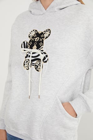 3 İplik Ayıcık Nakışlı Cepli Kapüşonlu Oversize Sweatshirt