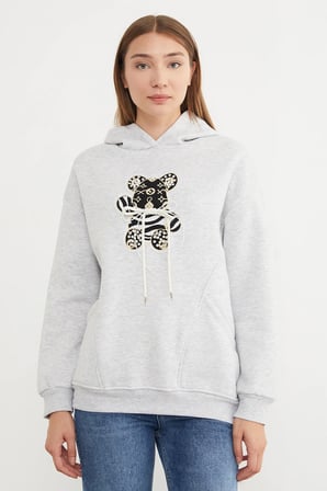 3 İplik Ayıcık Nakışlı Cepli Kapüşonlu Oversize Sweatshirt