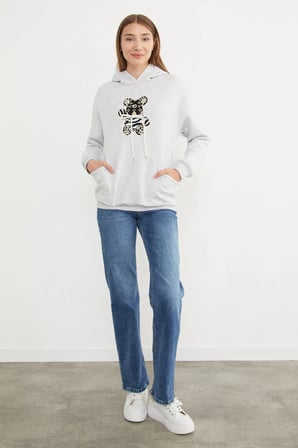 3 İplik Ayıcık Nakışlı Cepli Kapüşonlu Oversize Sweatshirt
