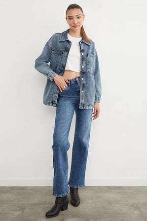 Çift Cepli Düğmeli Oversize Kot Ceket
