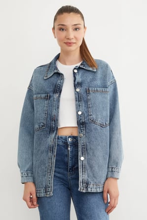 Çift Cepli Düğmeli Oversize Kot Ceket