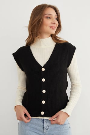 Sakallı Düğmeli V Yaka Oversize Yelek