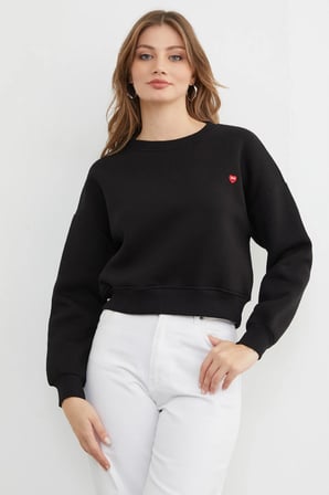 3 İplik Kalp Nakışlı Bisiklet Yaka Sweatshirt
