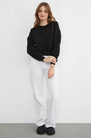3 İplik Kalp Nakışlı Bisiklet Yaka Sweatshirt