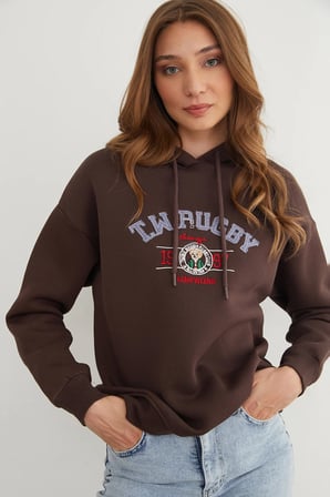 3 İplik Rugby Nakışlı Kapüşonlu Sweatshirt