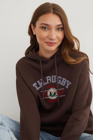 3 İplik Rugby Nakışlı Kapüşonlu Sweatshirt