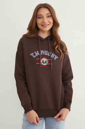3 İplik Rugby Nakışlı Kapüşonlu Sweatshirt