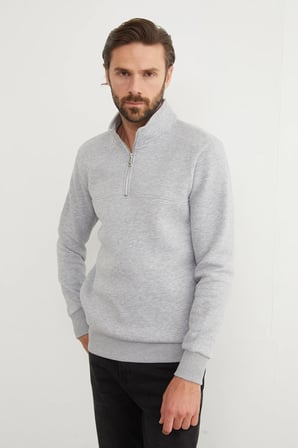 3 İplik Basic Dik Yaka Yarım Fermuarlı Hoodie Sweatshirt
