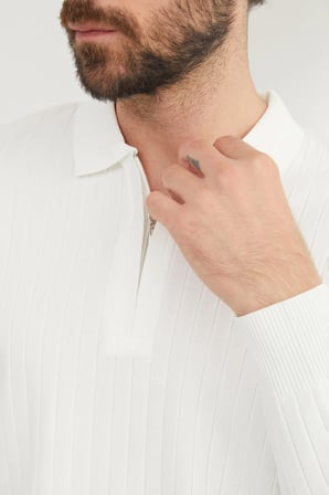 Fitilli Yarım Fermuarlı Polo Yaka Triko Kazak