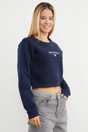 3 İplik California Yazı Baskılı Crop Sweatshirt