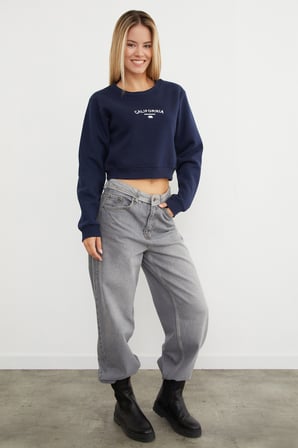 3 İplik California Yazı Baskılı Crop Sweatshirt