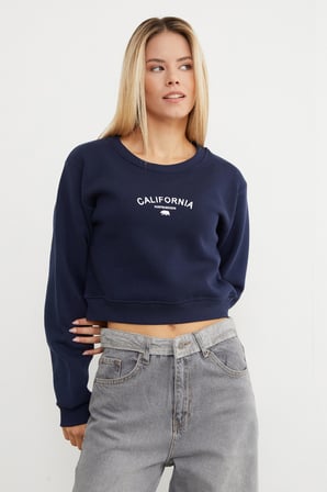 3 İplik California Yazı Baskılı Crop Sweatshirt