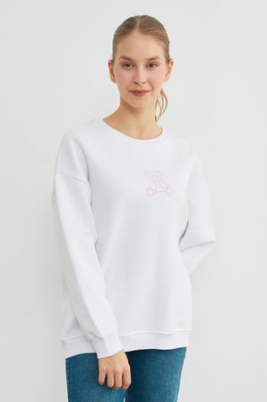 3 İplik Ayıcık Baskılı Bisiklet Yaka Sweatshirt