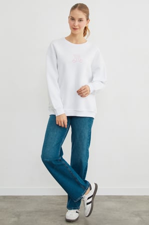 3 İplik Ayıcık Baskılı Bisiklet Yaka Sweatshirt