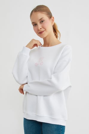 3 İplik Ayıcık Baskılı Bisiklet Yaka Sweatshirt